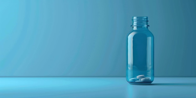 Photo arrière-plan bleu avec des capsules de pilules dans une maquette de bouteille