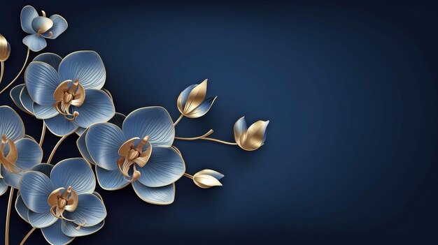 Arrière-plan bleu foncé élégant avec un motif de ligne dorée orné Pour les bannières de papier peint, les affiches, les invitations et le design d'emballage, les fleurs d'orchidées sont dessinées en ligne.