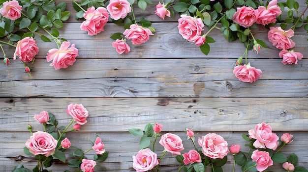 Arrière-plan en bois rustique avec calligraphie de la fête des mères sur des roses roses