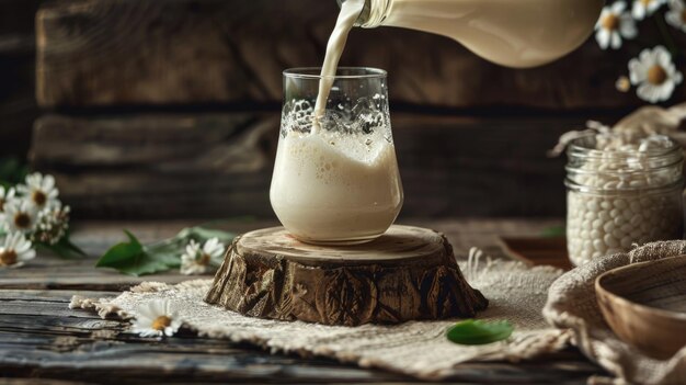 Photo arrière-plan en bois de verre à verser du lait rustique