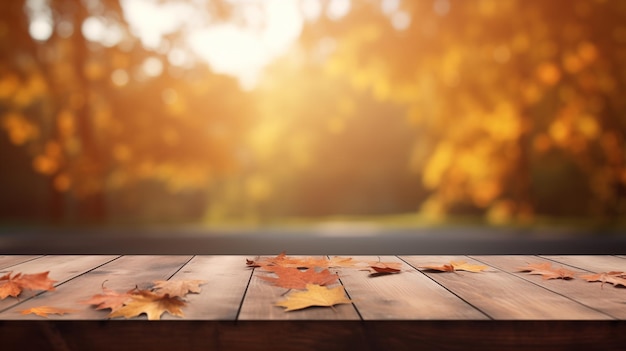 Arrière-plan en bois vide avec un fond flou d'automne