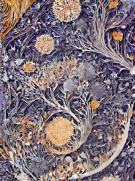 Photo arrière-plan botanique avec des fleurs époustouflantes de différentes teintes, y compris de plus grandes fleurs de fées peintes en aquarelle avec un schéma de couleurs kodachrome