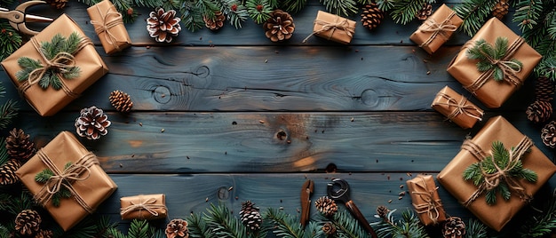 À l'arrière-plan, des branches d'épicéa et des outils entourent une table en bois délabrée avec des cadeaux et des rouleaux.