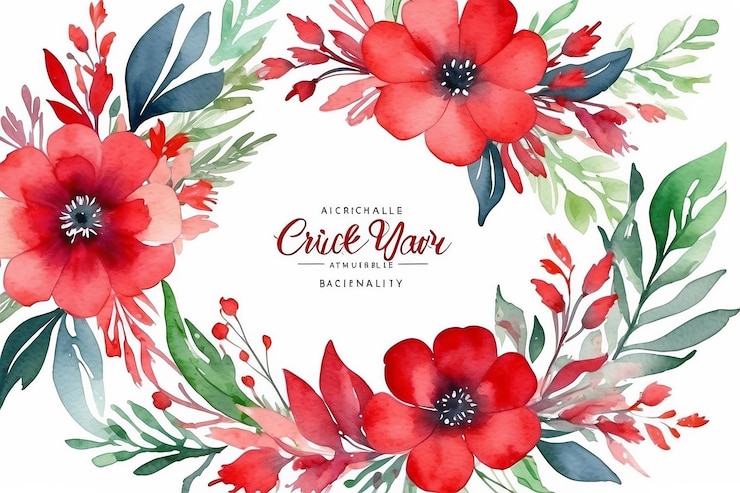 Photo arrière-plan d'un cadre en cercle floral à l'aquarelle rouge