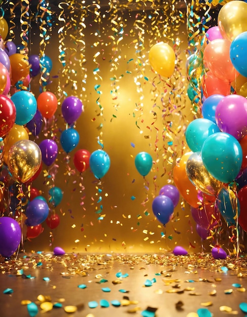 Arrière-plan de la célébration avec des ballons colorés, des confettis et des rubans dorés