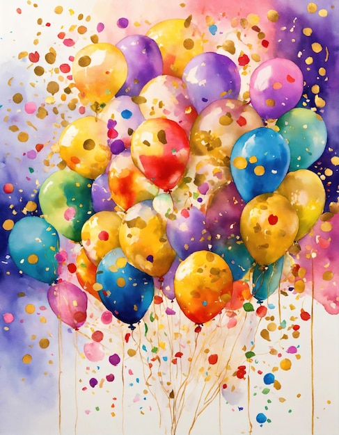 Arrière-plan de la célébration avec des ballons colorés, des confettis et des rubans dorés