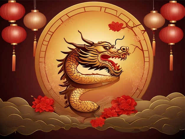 Arrière-plan de célébration du Nouvel An chinois avec dragon et lampes généré par Ai