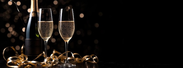 Arrière-plan de la célébration du Nouvel An avec des verres remplis de champagne