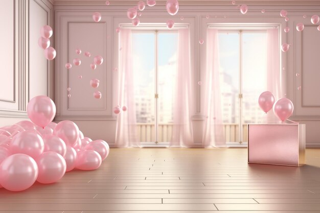 Photo arrière-plan de chambre rose romantique avec des ballons, des cœurs et une boîte à cadeaux pour des occasions spéciales