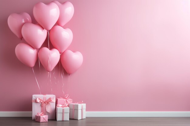 Photo arrière-plan de chambre rose romantique avec des ballons, des cœurs et une boîte à cadeaux pour des occasions spéciales