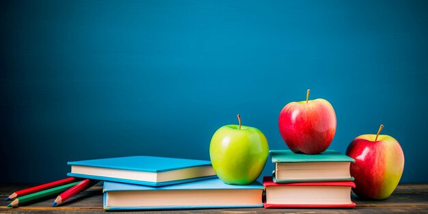 Arrière-plan Chool avec un motif de tableau noir et des éléments tels que des pommes, des livres et des crayons symbolisant l'environnement d'apprentissage