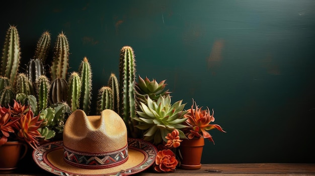 Arrière-plan Cinco de Mayo avec des ornements de chapeau et des plantes de cactus pour des bannières ou des affiches