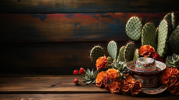 Arrière-plan Cinco de Mayo avec des ornements de chapeau et des plantes de cactus pour des bannières ou des affiches