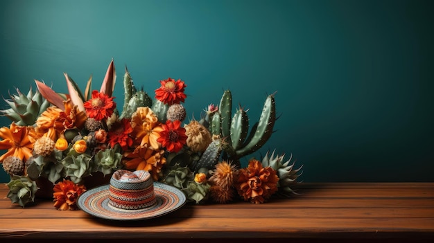 Photo arrière-plan cinco de mayo avec des ornements de chapeaux et des cactus pour bannières ou affiches