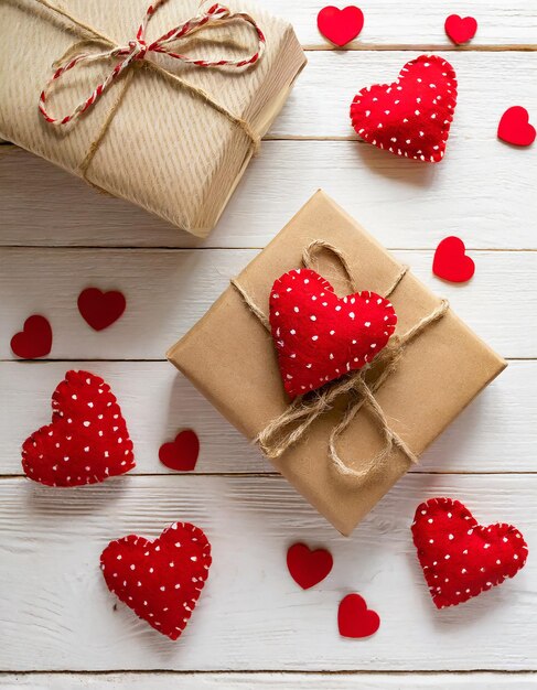 Arrière-plan avec des cœurs rouges et une boîte cadeau artisanale sur une table en bois blanc concept de la Saint-Valentin