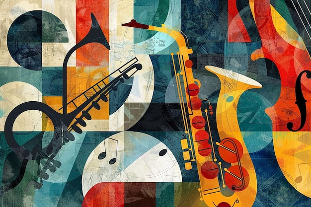 Arrière-plan coloré dans le style rétro Instruments de musique Affiche d'un concours de concert de jazz
