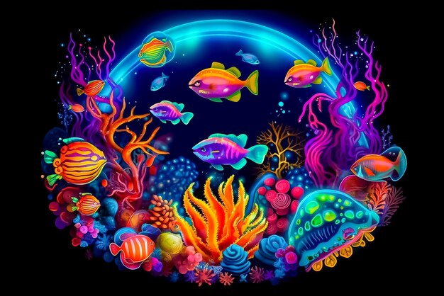 Arrière-plan coloré et détaillé de la vie marine avec panorama des lignes de néon de mandala générées par Ai