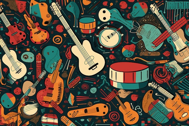 Un arrière-plan coloré avec diverses guitares et instruments, dont une guitare, un tambour, un tambour et un tambour.