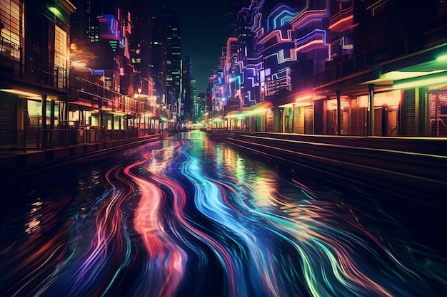 Photo l'arrière-plan coloré des ondes de néon dans les lumières de la ville