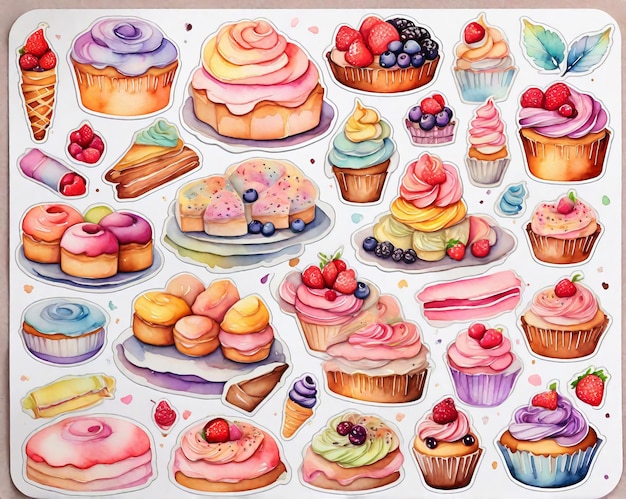 Arrière-plan de la conception du menu de la pâtisserie de confiserie avec une collection assortie de bonbons savoureux autocollants arrangement d'aquarelle pastel illustration générée par AI