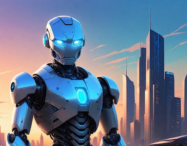 Arrière-plan de la conception de robots humanoïdes dans la ville moderne arrière-plan au crépuscule