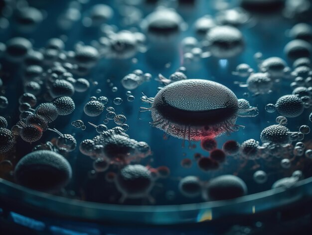 Arrière-plan conceptuel abstrait avec des bactéries et des cellules virales dans un laboratoire scientifique image générative de boîte de Petri AI