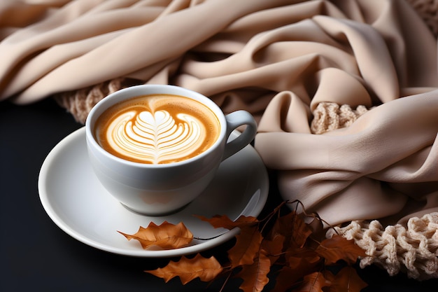 Arrière-plan confortable beige automne avec une tasse de café