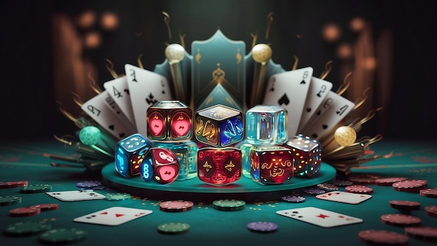 Arrière-plan créatif cartes de jeu de dés jetons de casino sur un fond sombre