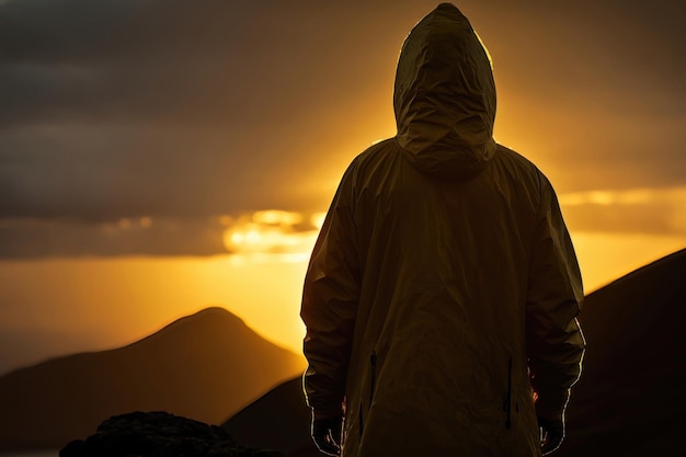 Arrière-plan créatif Silhouette d'homme d'affaires avec un imperméable Homme d'affaires sur le fond d'un beau coucher de soleil doré Génération AI