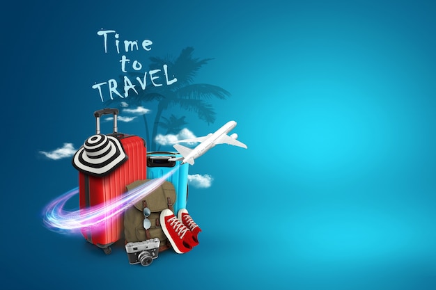 Photo arrière-plan créatif, valise rouge, le temps de l'inscription pour voyager, baskets, avion sur fond bleu