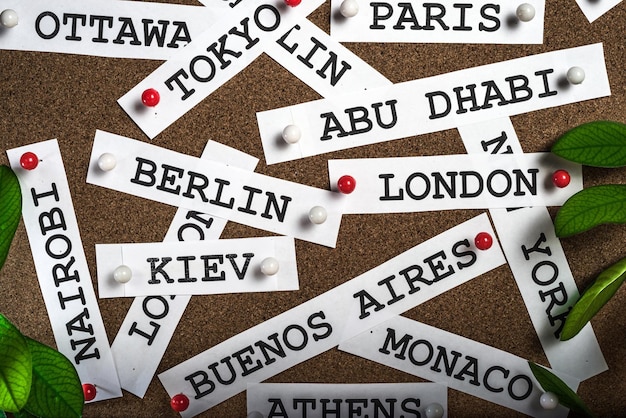 arrière-plan créé à partir des noms des capitales des pays du monde sur une surface en liège