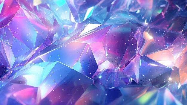 Arrière-plan en cristal abstrait arc-en-ciel holographique en néon texture en verre en cristal microtexture arrière-plan à facettes polygonales arc-en-ciel papier peint cristallisé chrome