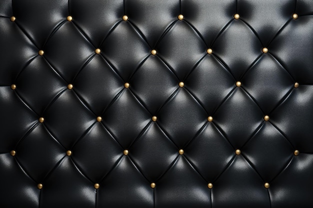 Arrière-plan en cuir textile tufté avec sous-titres Texture en cuir noir et arrière-plan sous-titré avec épingles en or