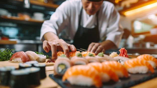 Photo arrière-plan de cuisine de chef de sushi avec espace de copie