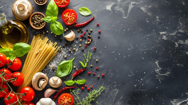 Arrière-plan de la cuisine italienne avec des tomates de vigne, du basilic, des champignons spaghettis, génératif Ai