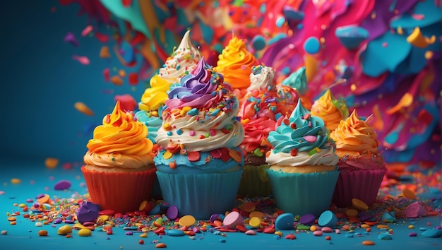 Arrière-plan de cupcake coloré et vibrant avec diverses saveurs saupoudres et glaçage visuellement application