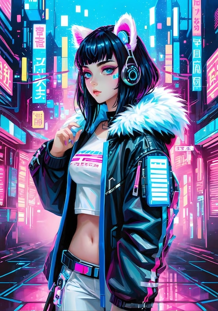 Photo arrière-plan cyberpunk avec des lumières roses et bleues girl