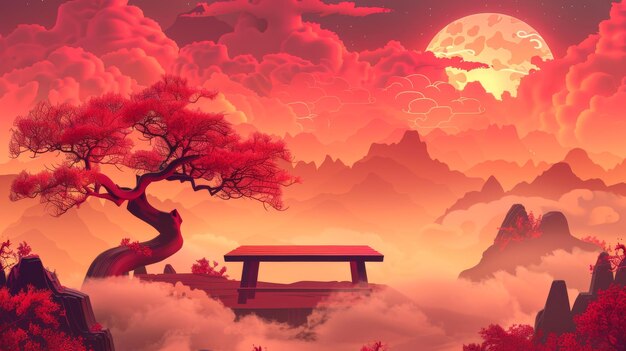 Arrière-plan dans le style oriental avec des paysages nuageux brumeux montagnes et lune dans le ciel rouge Illustration d'une table de dîner vide