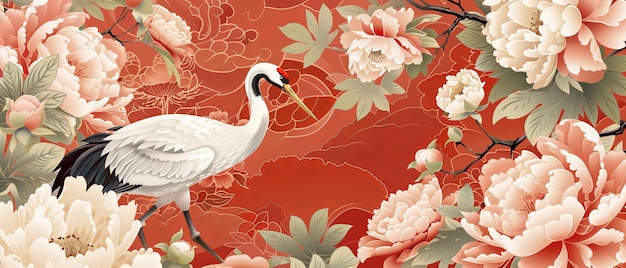 Arrière-plan décoratif moderne avec motif de fleur de pioie style vintage avec texture d'aquarelle oiseaux de grue et éléments géométriques