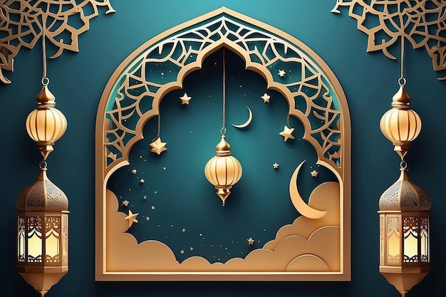 Arrière-plan de décoration islamique avec cadre de fenêtre arabe lanterne croissant style dessin animé
