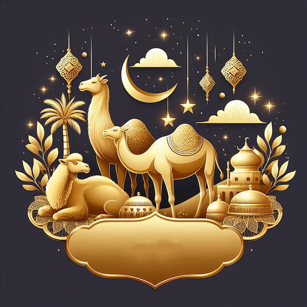 Photo arrière-plan de décoration de la mosquée islamique d'eid al adha avec du papier de chameau, de chèvre et de vache generative ai