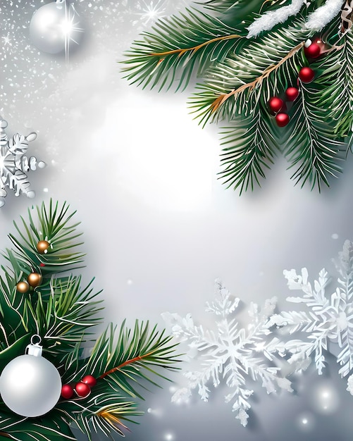Arrière-plan de décoration de Noël avec des boules de neige brillantes et des branches de sapin