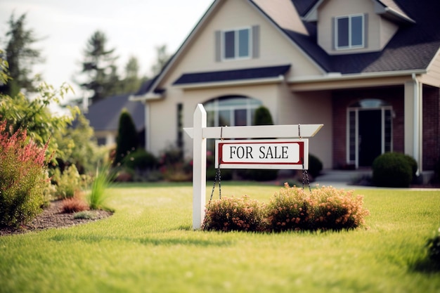 Photo arrière-plan défoulé d'une belle maison avec un panneau cloué au jardin avec le slogan pour la vente