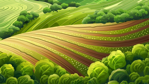 Arrière-plan de dessin animé moderne de plantation de terre de campagne avec des sillons sur le sol et des rangées de plantes en croissance Vue supérieure d'un champ de ferme avec de l'herbe verte et du sol labouré
