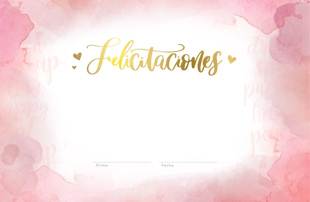 Arrière-plan avec des détails d'aquarelle et des tons roses le mot félicitations dans le style de diplôme