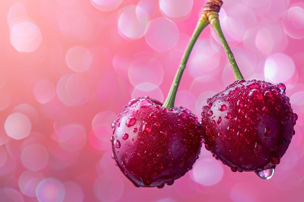 Photo arrière-plan avec deux cerises sur une brindille closeup cerises rouges mûres avec des gouttes d'eau copier l'espace