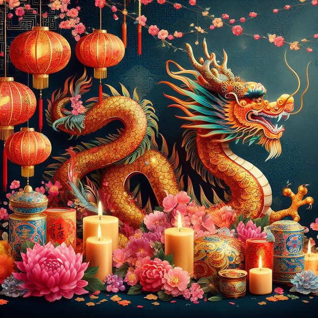 Arrière-plan du dragon du Nouvel An chinois avec des lanternes traditionnelles, des bougies et des fleurs