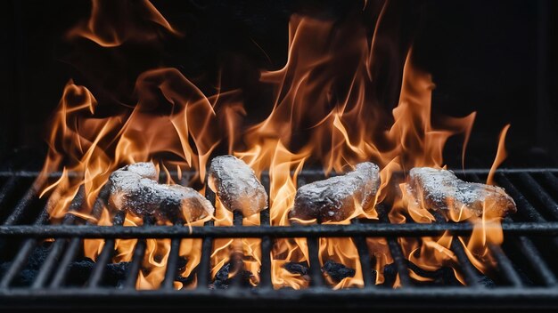 Arrière-plan du grill, feu de barbecue, gros plan du grill isolé sur fond noir