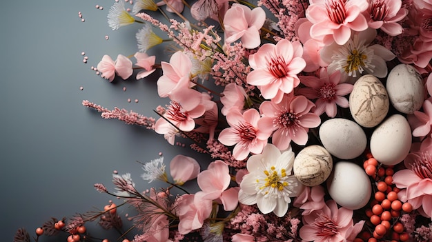 Arrière-plan du jour de Pâques avec des ornements d'œufs, des fleurs et des couleurs de fond minimalistes