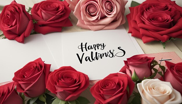 Arrière-plan du jour de la Saint-Valentin Un beau bouquet de roses à côté d'une lettre avec le texte Joyeux jour de la Saint-Valentin